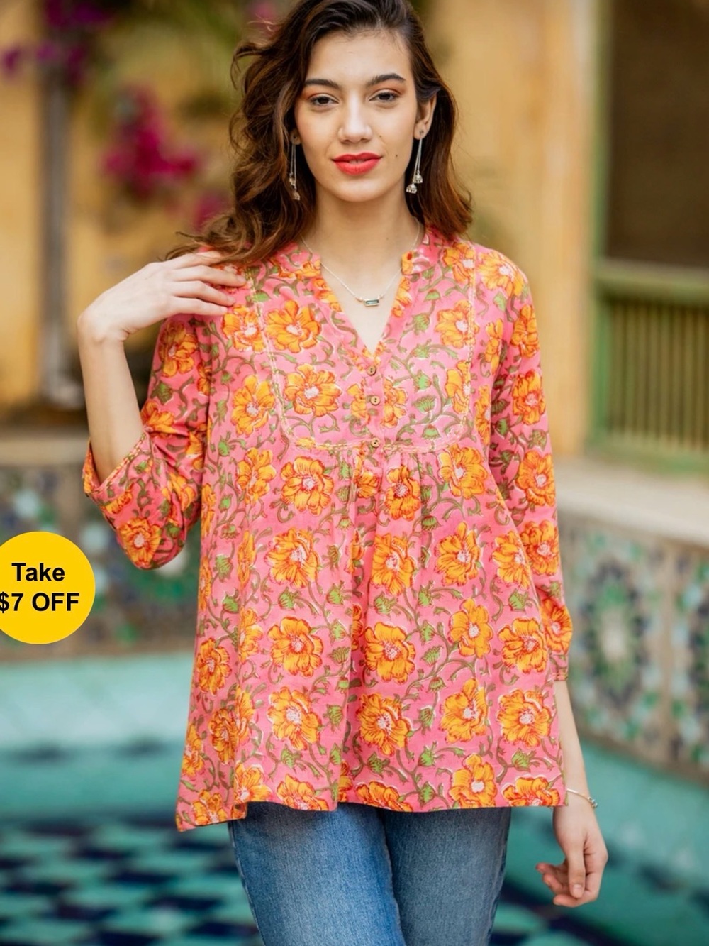 Novica Spring Morning Marigold
Block-Printed Floral Pink and Yellow Cotton
Tunic